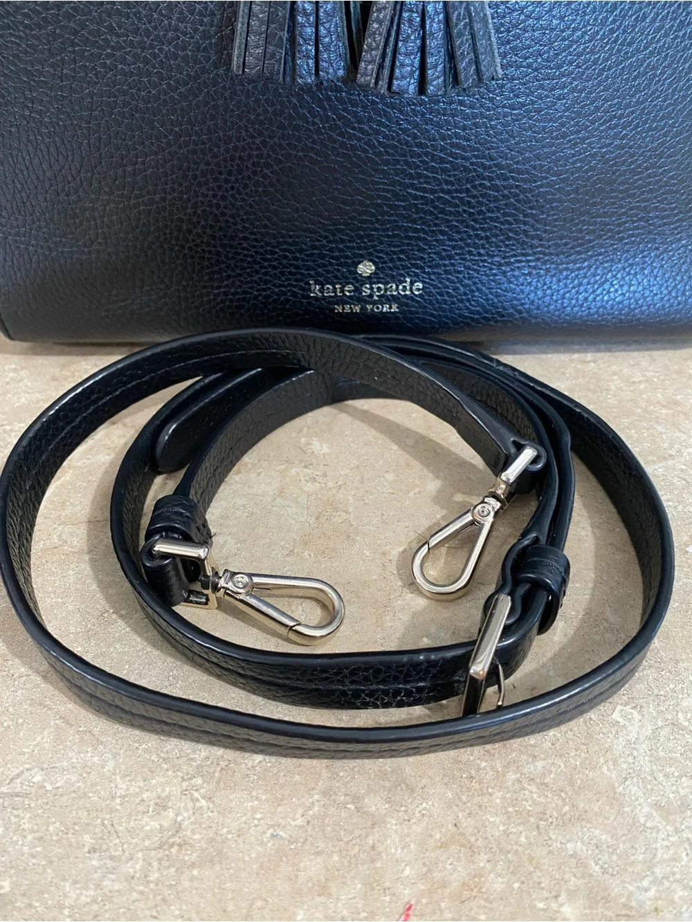 kate spade Black Pebbled Leather Satchel with Tassels with Flaws on top handle